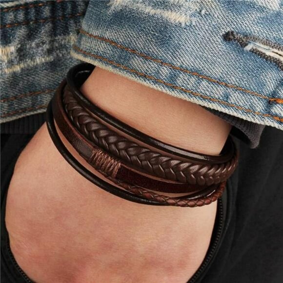 Mens Black Brown Leather Bracelet Multi Strand Braided Casual Wristband Gift - Picture 7 of 8